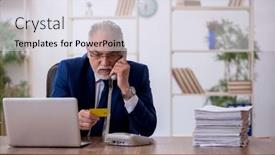  Presentation with credit card - PPT theme having old-male-employee-holding-credit background and a sky blue colored foreground
