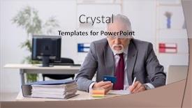  Presentation with credit card - PPT theme enhanced with old-male-employee-holding-credit background and a  colored foreground