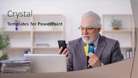  Presentation with credit card - Presentation featuring old-male-employee-holding-credit background and a sky blue colored foreground