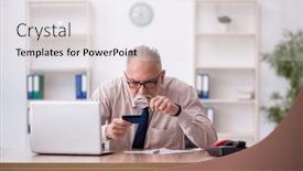  Presentation with credit card - PPT theme having old-male-employee-holding-credit background and a light gray colored foreground