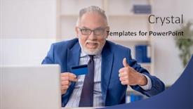  Presentation with credit card - PPT theme having old-male-employee-holding-credit background and a mint green colored foreground