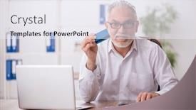  Presentation with credit card - Theme having old-male-employee-holding-credit and a sky blue colored foreground