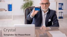  Presentation with credit card - Presentation theme featuring old-male-employee-holding-credit and a coral colored foreground