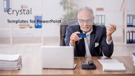  Presentation with credit card - Presentation with old-male-employee-holding-credit and a light gray colored foreground