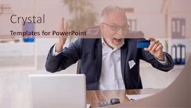  Presentation with credit card - Slide set featuring old-male-employee-holding-credit and a coral colored foreground