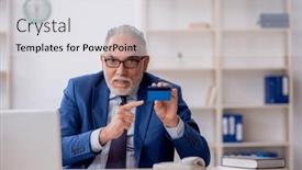  Presentation with credit card - PPT theme with old-male-employee-holding-credit and a light gray colored foreground