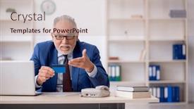  Presentation with credit card - Slide deck featuring old-male-employee-holding-credit and a soft green colored foreground