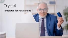  Presentation with credit card - Slide deck consisting of old-male-employee-holding-credit and a white colored foreground