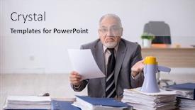  Presentation with employee - PPT theme having old-male-employee-holding-megaphone background and a sky blue colored foreground