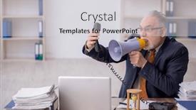  Presentation with employee - Presentation having old-male-employee-holding-megaphone background and a light gray colored foreground