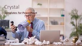  Presentation with employee - Presentation design featuring old-male-employee-in-brainstorming background and a soft green colored foreground