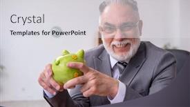  Presentation with budget - PPT theme having old-male-employee-in-budget background and a light gray colored foreground