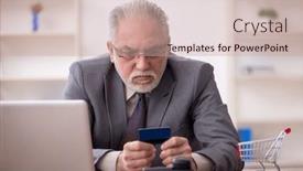  Presentation with employee - Slides with old-male-employee-in-e background and a coral colored foreground