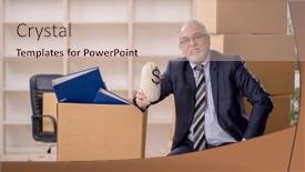  Presentation with employee - PPT theme featuring old-male-employee-in-office background and a  colored foreground
