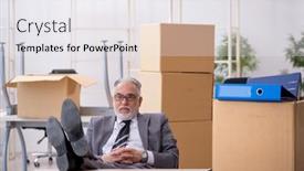  Presentation with employee - Presentation featuring old-male-employee-in-relocation background and a sky blue colored foreground