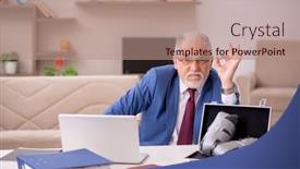  Presentation with employee - PPT theme having old-male-employee-in-remuneration background and a coral colored foreground