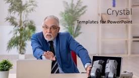  Presentation with employee - Slide deck featuring old-male-employee-in-remuneration background and a  colored foreground