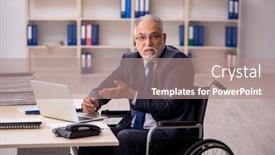  Presentation with wheel - Presentation theme featuring old-male-employee-in-wheel background and a  colored foreground