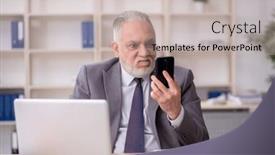  Presentation with speaking - PPT theme consisting of old-male-employee-speaking background and a mint green colored foreground