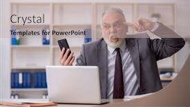  Presentation with speaking - Presentation theme with old-male-employee-speaking background and a mint green colored foreground