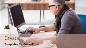  Presentation with old house - Beautiful presentation theme featuring old-male-employee-working backdrop and a coral colored foreground