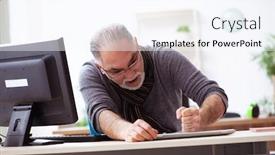  Presentation with old house - Audience pleasing PPT theme consisting of old-male-employee-working backdrop and a sky blue colored foreground