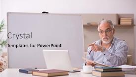  Presentation with employee - Presentation theme with old-male-employee-working background and a light gray colored foreground