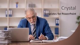  Presentation with employee - Presentation theme with old-male-employee-working background and a mint green colored foreground