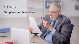  Presentation with employee - Slide set consisting of old-male-employee-working background and a light gray colored foreground