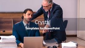  Presentation with old young - PPT theme with old-male-employer-and-young background and a navy blue colored foreground