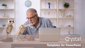  Presentation with lab animals - Presentation theme featuring old-male-paleontologist-examining-ancient background and a gray colored foreground