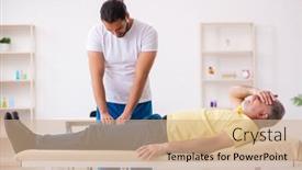  Presentation with chiropractor - Audience pleasing slide set consisting of old-male-patient-visiting-young backdrop and a coral colored foreground