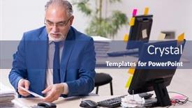  Presentation with sales - Colorful presentation design enhanced with old-male-sales-analyst-working backdrop and a ocean colored foreground