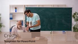  Presentation with old young - Presentation theme with old-male-teacher-and-young background and a coral colored foreground