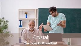  Presentation with old young - Slide set with old-male-teacher-and-young background and a  colored foreground