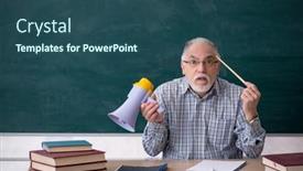  Presentation with teacher - Presentation theme having old-male-teacher-holding-megaphone background and a ocean colored foreground