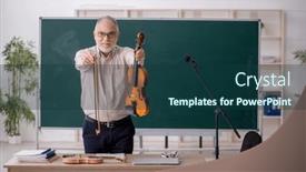  Presentation with teacher - PPT theme featuring old-male-teacher-playing-violin background and a ocean colored foreground