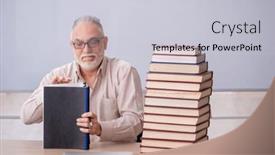 Presentation with classroom - PPT theme consisting of old-male-teacher-sitting background and a light gray colored foreground