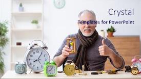  Presentation with workshop - Audience pleasing presentation consisting of old-male-watchmaker-working backdrop and a sky blue colored foreground
