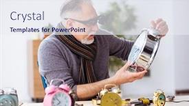  Presentation with workshop - Amazing presentation theme having old-male-watchmaker-working backdrop and a sky blue colored foreground