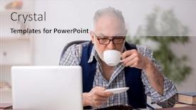  Presentation with workplace - PPT theme enhanced with old-male-writer-sitting background and a white colored foreground
