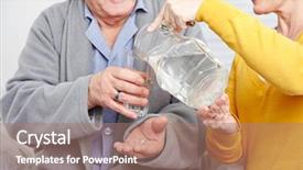  Presentation with water glass - Audience pleasing slide set consisting of old man at home taking backdrop and a coral colored foreground