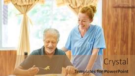  Presentation with assisted living - Presentation theme featuring old-man-having-lunch background and a coral colored foreground