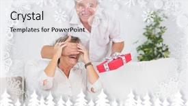  Presentation with snowflakes - Cool new presentation design with old man hiding eyes of his wife for a gift against fir tree forest and snowflakes backdrop and a white colored foreground