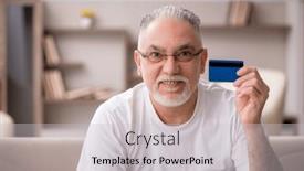  Presentation with old man - Presentation theme with old-man-holding-credit-card background and a light gray colored foreground