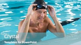  Presentation with wearing swimming goggles and cap - PPT theme having old man in a swimming background and a teal colored foreground