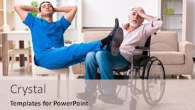  Presentation with caregiver - Audience pleasing PPT theme consisting of old-man-in-wheel-chair backdrop and a soft green colored foreground