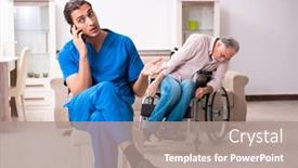  Presentation with old man - Audience pleasing PPT theme consisting of old-man-in-wheel-chair backdrop and a gray colored foreground