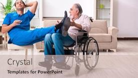  Presentation with old young - PPT layouts enhanced with old-man-in-wheel-chair background and a mint green colored foreground