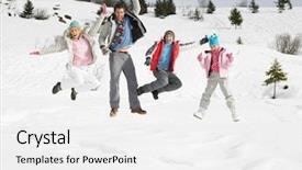  Presentation with family dreams of vacation - Slides consisting of old man leaping - young family on winter vacation background and a  colored foreground